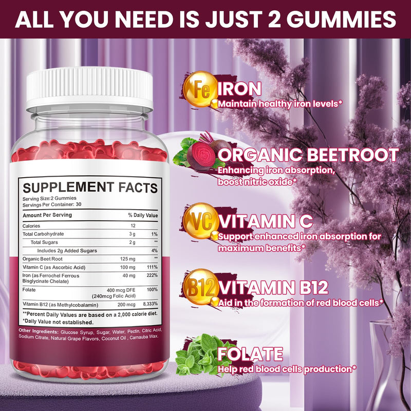 (2 Pack) Iron Gummies Supplement for Women & Men, Iron Supplements for Anemia with Vitamin C, B12, Folate-Blood Builder & Energy Support for Iron Deficiency - Grape Flavor, Vegan, 120 Gummies 120 Count (Pack of 1)