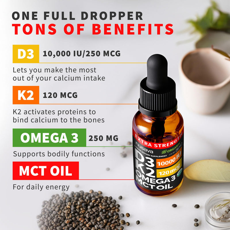 NUSAVA Extra Strength Vitamin D3 K2 Drops 10000 IU, Pack of 2 | Bone, Heart and Immune Support, Extra Strength Vitamin D3 and K2 10000 IU, Non-GMO, Liquid Drops for Women and Men Unflavored (Extra Strength) 1 Fl Oz (Pack of 2)