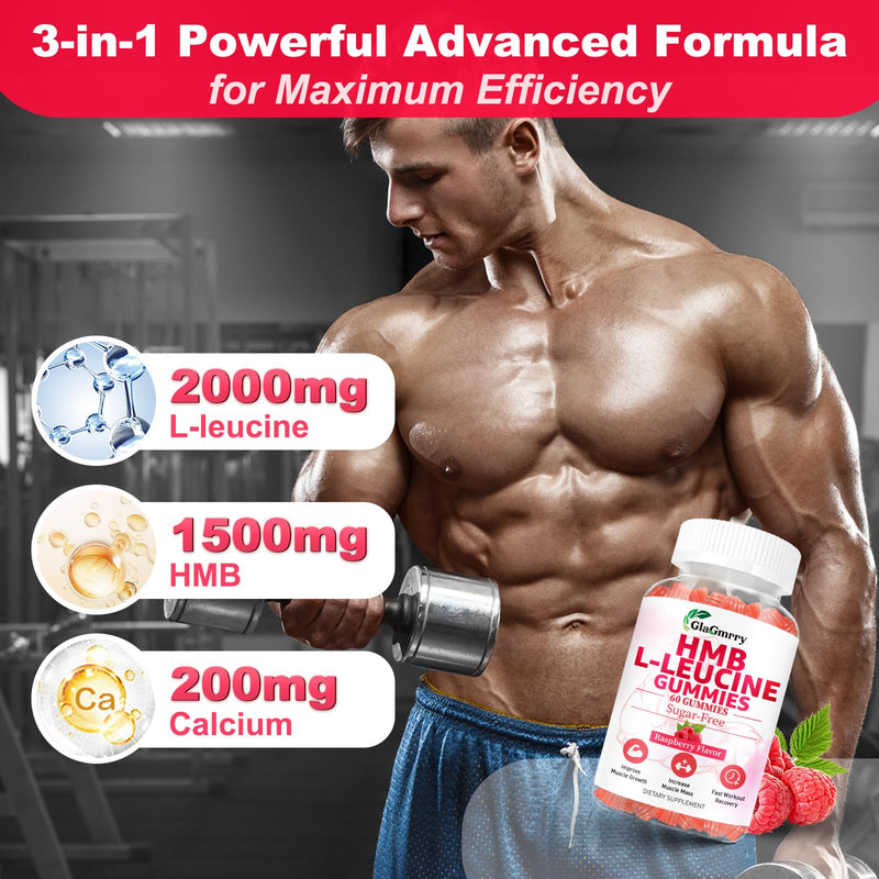 2 Pack HMB and Leucine Gummies HMB Supplements for Men & Women, Vegan | HMB & Leucine Amino Acid for Muscle Growth, Muscle Relief, Sugar Free, Non-GMO, Raspberry Flavor, 120 Count 60 Count (Pack of 2)