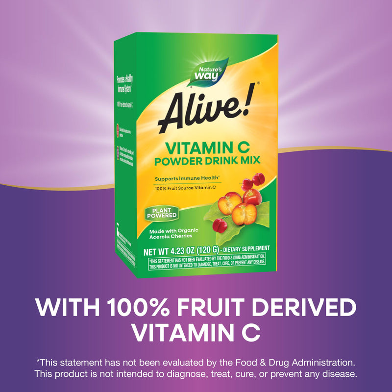 Nature's Way Alive! Vitamin C Powder Drink Mix, Immune Support*, 4.23 Oz | Antioxidant Support & Promotes Collagen Production for Healthy Skin*, Organic, 100% from Acerola Cherry, Zero Sugar, Vegan