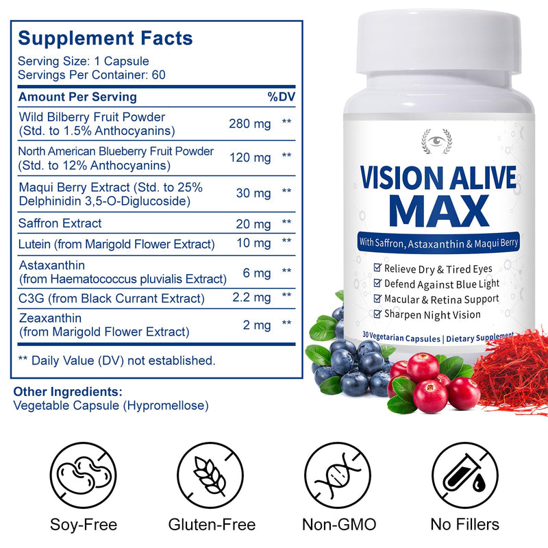 Eye Health Supplement with 8 Natural Ingredients - Bilberries, Blueberries, Saffron, Astaxanthin, Lutein - Supports Vision Health - 60 Veggie Capsules