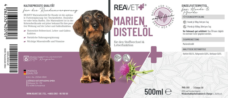 ReaVET Milk Thistle Oil for Dogs & Horses 500ml - Natural Premium Quality - Barf Additive, Thistle Oil Dog, Barf Oil Milk Thistle Oil Dog I Rich in Vitamin E, Omega-6, Omega-9 500 ml