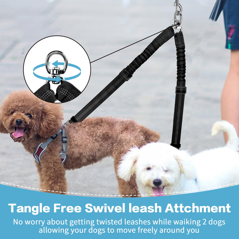 YAODHAOD Double Dog Leash,Two Dog Leash Splitter, No Tangle 360° Swivel Rotation Reflective Lead, Adjustable Length Bungee Heavy Duty Walking Training Dual Dog Leash Extension (Black) Black - BeesActive Australia