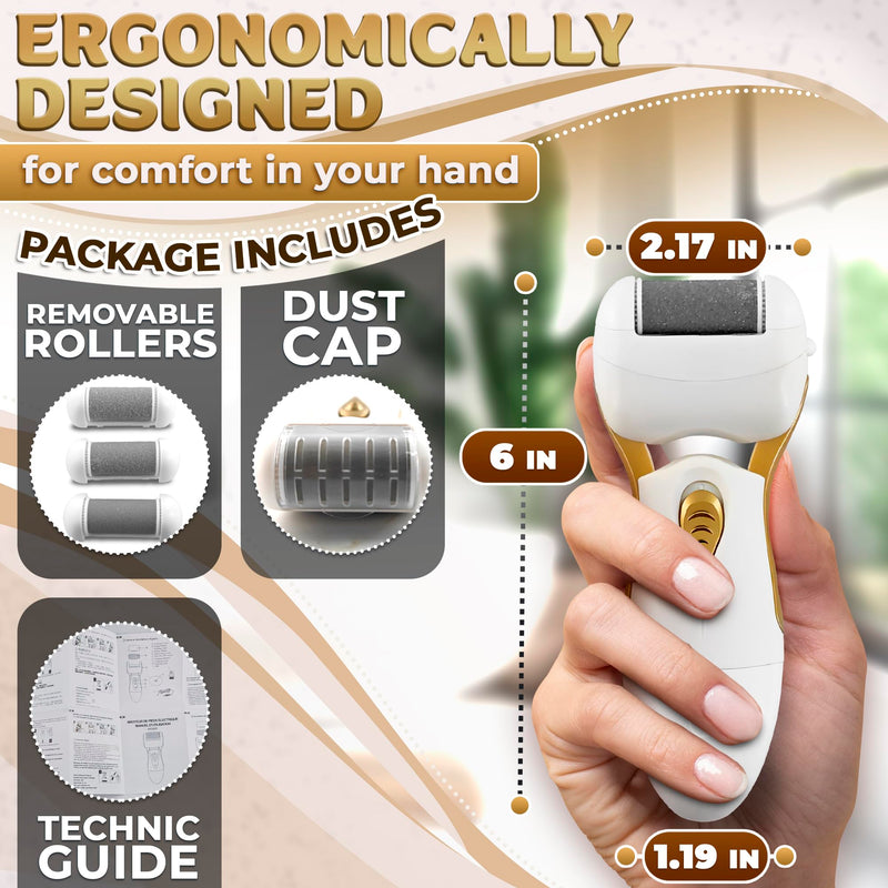 Electric Callus Remover for Feet – Electric Foot Filer with 3 Replacement Rollers & 360° Rotating Head – Hard Skin Remover for Feet with Ergonomic Handle for Easy Grip & Control in Home Pedicure Gold Callus Remover - BeesActive Australia