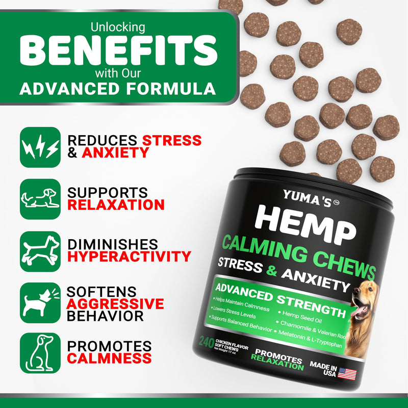 Hemp Calming Chews for Dogs - 240 Treats - Advanced Dog Calming Chews - Anxiety Relief Supplement Treats with Melatonin - Sleep Aid for Separation, Barking, Stress, Hip and Joint Support Made in USA 240 Chews