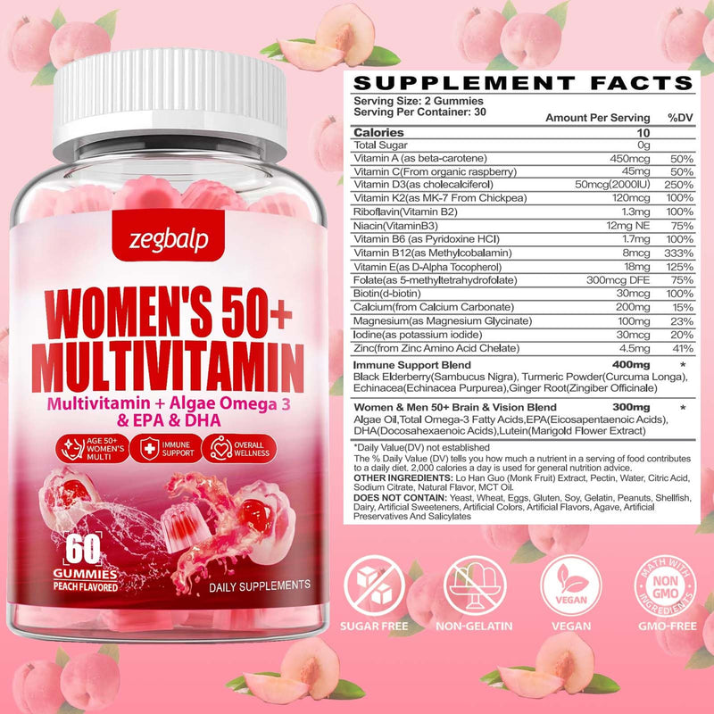 Womens Multivitamin 50 Plus Gummies - Methylated Multivitamins Gummy | with Vitamin A C D3 E K2, B Complex, Calcium, Magnesium, Zinc, Folate, Biotin - Multi Vitamins & Minerals - Sugar-Free Peach 60 Count (Pack of 2)