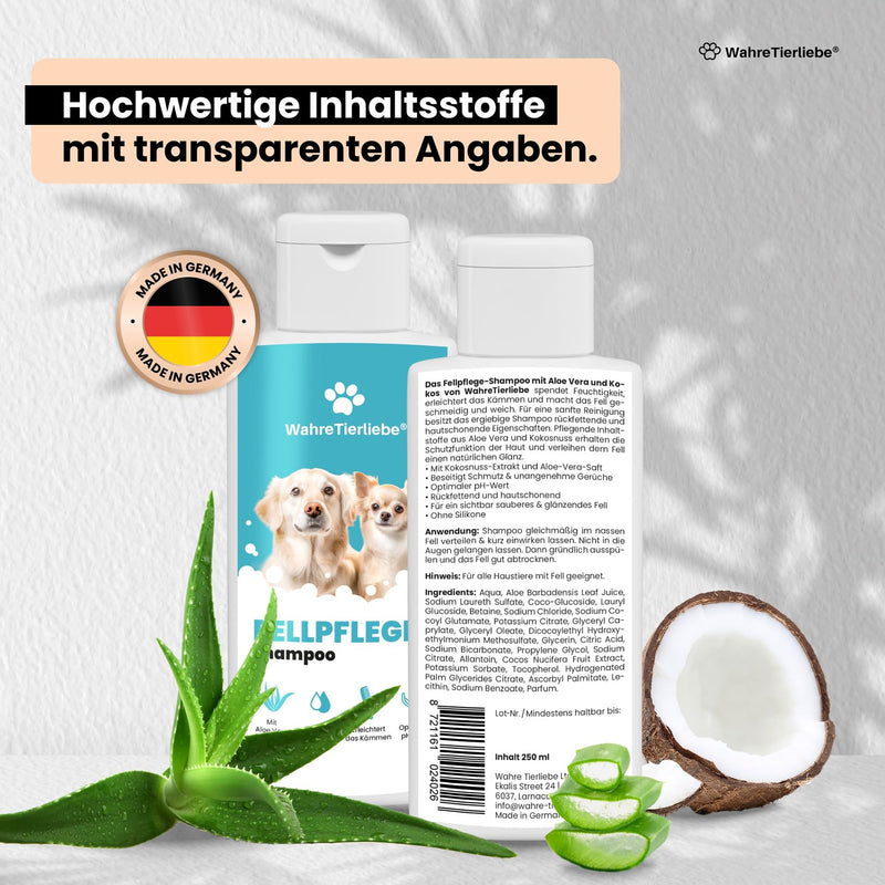 True animal love dog shampoo - moisturizing with optimal PH value and without silicones Coconut Extract & Aloe Vera | Dog shampoo against odor and dirt | Grooming dog made in Germany, 250ml - BeesActive Australia