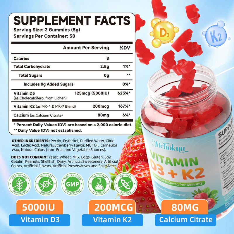 Vitamin D3 K2 Gummies 5000IU Sugar Free Supplement, 120 Count | Vitamin D3 K2 Supplement 5000IU D3 & K2 200mcg, Non-GMO, Strawberry, Supports Bone & Calcium Absorption* for Daily Wellness