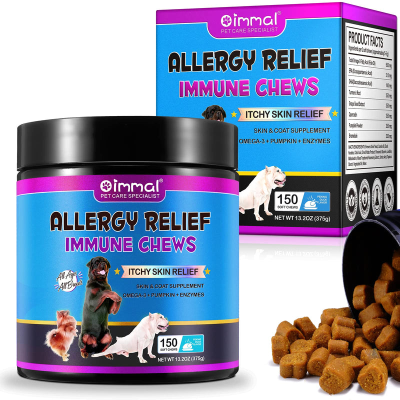 Dog Allergy Chews for Dogs - 150pc Soft Chews Itch Immunity Treats for Dog Soothe Itchy Paws, Eyes, Ears, Skin - Supports Seasonal Itching Relief, Itching, Licking, Scratching, 150pcs/Duck