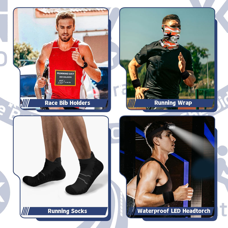 Running Gift Box - 13 Runner Essentials Kit with Running Belt Headlamp Kinesiology Tape Folding Water Cup & More, Marathon Training Night Running Outdoor, Fitness & Trail Running Gift for Men Women Black