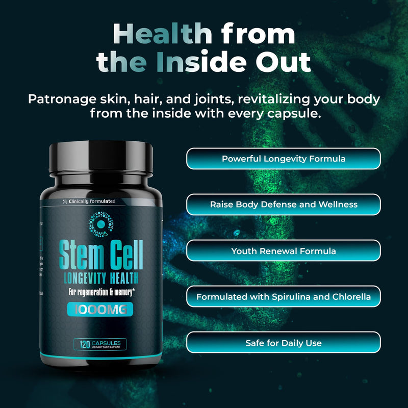 Premium Stem Cell Supplements 1,000mg (120 Caps) Boost Immunity, Reduce Joint Soreness, Support Natural Anti-Aging & Longevity with Spirulina & Chlorella for Vitality, Celulas Madre Health Formula