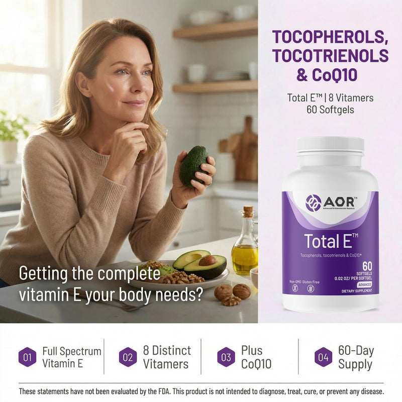 AOR Total E Full Spectrum Natural Vitamin E with CoQ10, 60 Softgels, 60-Day | Full Spectrum 8 Vitamers, 30mg CoQ10, Natural D-Alpha Tocopherol, Mixed Tocopherols & Tocotrienols, Non-GMO & Gluten-Free