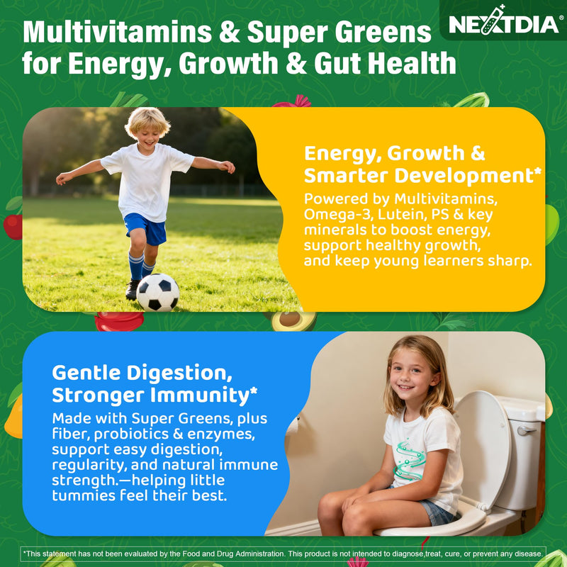 Kids Super Greens Gummies, Kids Multivitamin Superfood Fiber Gummies, 120Ct | 20+ Fruit and Veggies Kids Daily Gummy with Probiotics, Vitamins, Minerals for Growth, Gut, Immune, Picky Eater - Sugar Free 60 Count (Pack of 2)