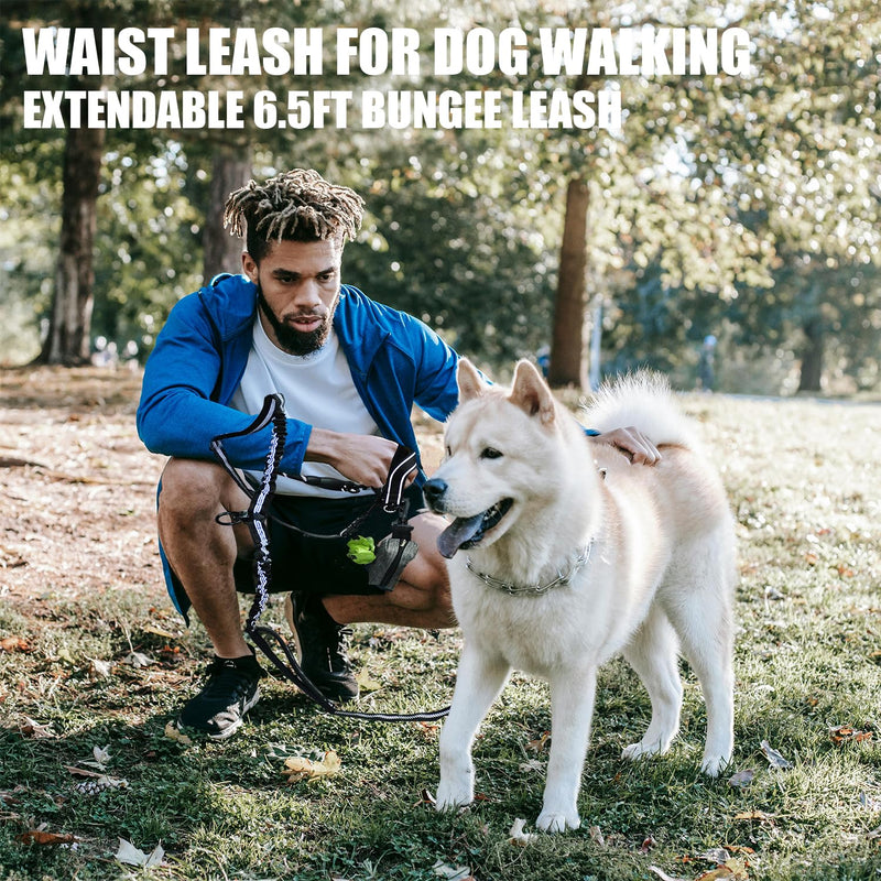Double Dog Leash - Hands Free Dog Leash Crossbody & Waist for Dog Walking - Tangle-Free Bungee & Padded Handles for Medium & Large Dogs, Black
