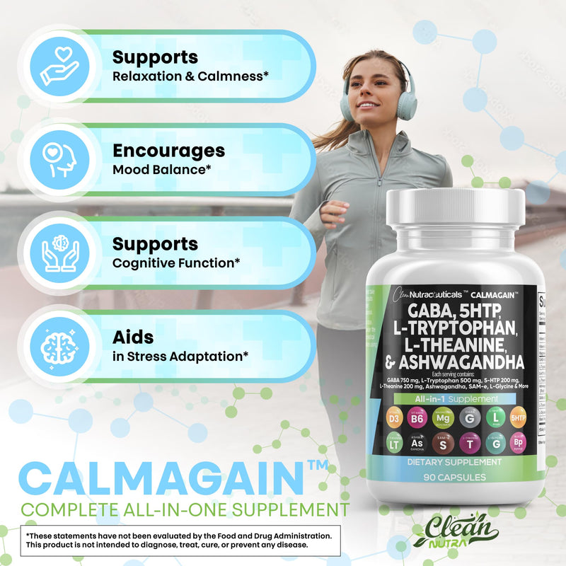 Clean Nutraceuticals GABA 750mg 5 HTP 200mg L Tryptophan 500mg L Theanine 200mg Ashwagandha SAM-e L-Glycine - Mood Support Vitamins for Women and Men with L-Tyrosine (90 Count (Pack of 3)) 30 Count (Pack of 3)