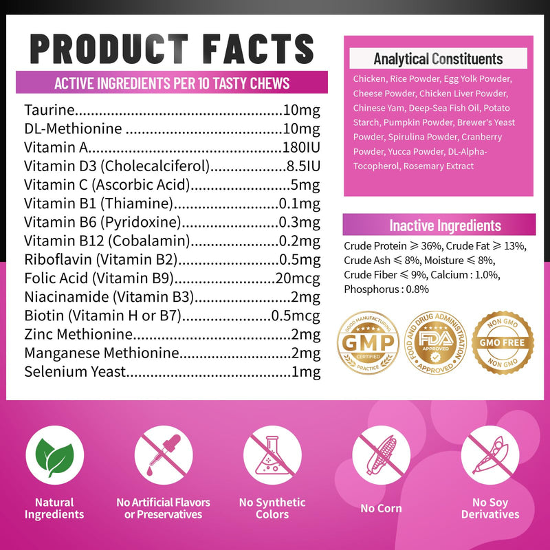 Taurine for Cats Vitamins Treats, 15 in 1 Cat Multivitamin Support Skin, Joint, Digestion & Immune Supplement, 500 Crunchy & Creamy Chews with Essential Vitamins for Cats of All Ages (90-Day Supply)