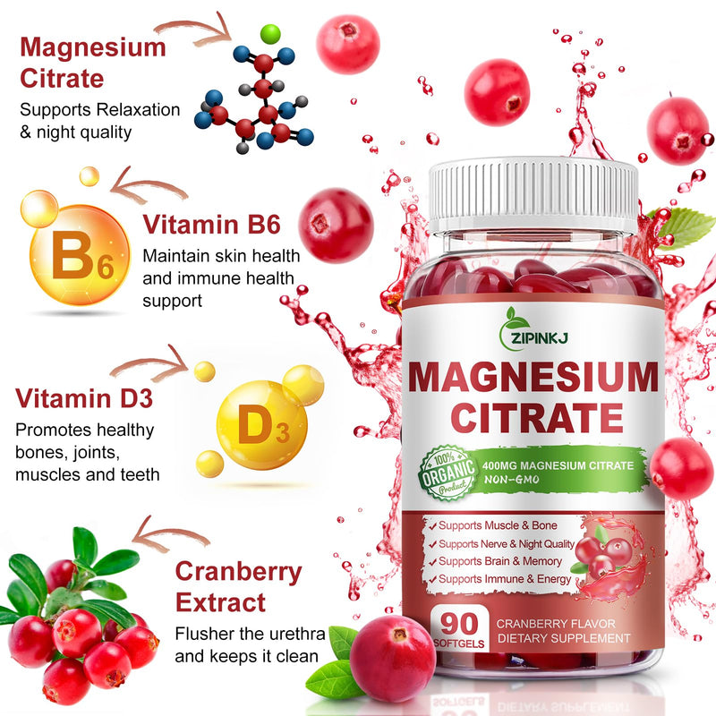 Magnesium Citrate Supplements 400mg for Women & Men, 180 Count | Magnesium Citrate with Vitamin D3, B6 and Cranberry Extract High Absorption for Night Quality, Muscle & Bone, 90 Servings 90 Count (Pack of 2)