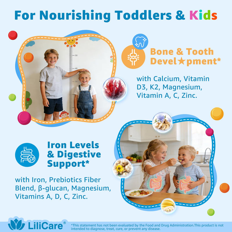Toddler 2-3 & Kids 4+ Multivitamin Gummies w/ Iron, Omega-3, ARA, Calcium, Prebiotic, Methylated Picky Eater Vitamins for Kids 2+ Growth & Development | Vitamin C, D3 K2, B12, Methylfolate, Sugar Free 60 Count (Pack of 1)