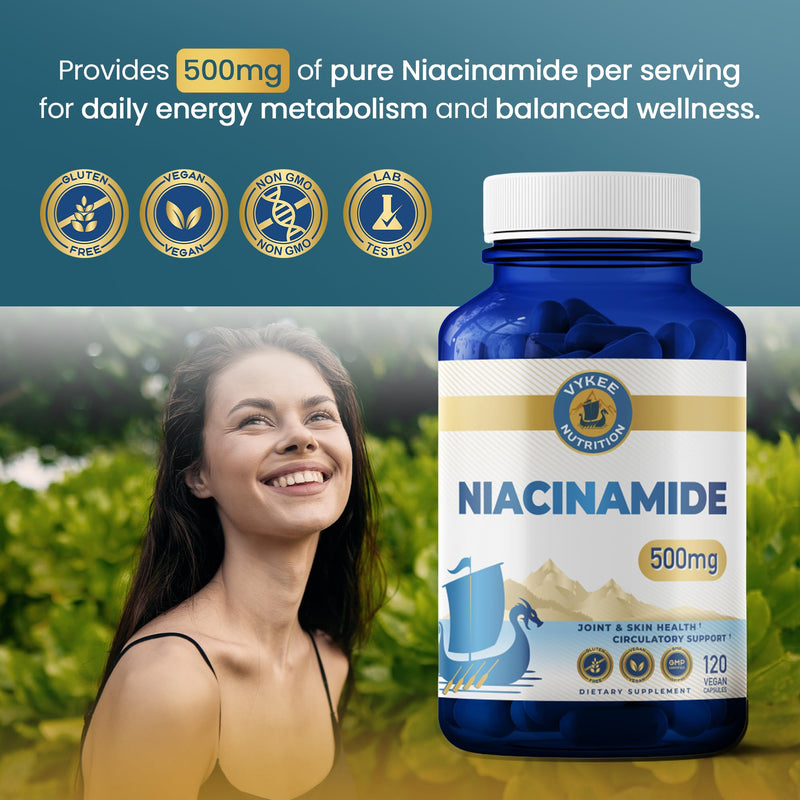 Vykee Nutrition Niacinamide Capsules - Vitamin B3 Supplement 500 mg | For Skin Wellness Cellular Energy and Metabolic Support - Vegan, Non-GMO Gluten Free, 120 Count