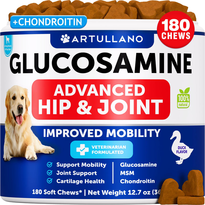 Glucosamine for Dogs - Hip and Joint Supplement for Dogs with Arthritis - Chews with Chondroitin, Hemp Oil, MSM - Canine Joint Pain Relief Health - Mobility Support for Large Breeds - 180 Soft Treats 180 Glucosamine Chews