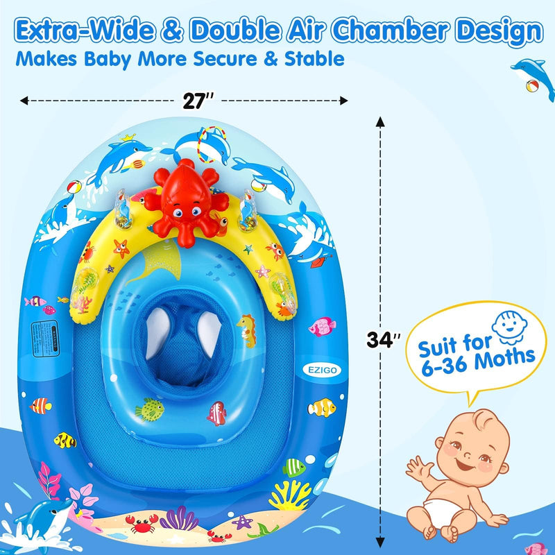 EZIGO Baby Pool Float with Canopy UPF50+ Sun Protection, Inflatable Kids Pool Floats with Ocean Animal Toys for Baby 6-36 Months, Infant Swimming Float with Adjustable Safety Seat for Boys Girls blue - BeesActive Australia