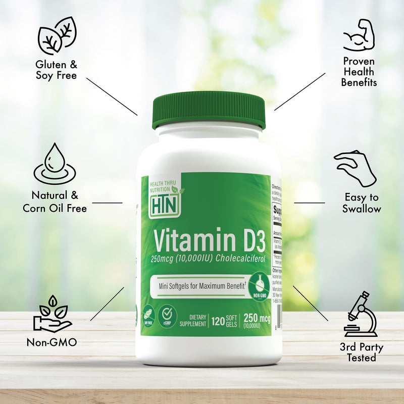 Health Thru Nutrition Vitamin D3 10,000iu - 250 mcg 120 Mini Softgels | Vitamin D Supplement as Cholecalciferol | Immune Health Support | 3rd Party Tested | Non-GMO USP Grade in Organic EVOO Unflavored 120 Count (Pack of 1)