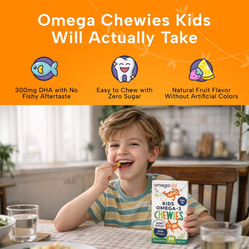 OmegaVia Omega 3 Chewies, Sugar-Free Vitamins for Kids Ages 3-12 (30 Chews) | Daily DHA Chewable for Kids, Brain & Eye Health Support, Natural Fruit Flavor, Omega 3 Fish Oil Chews, 30 Individual Packets 30 Count (Pack of 1)