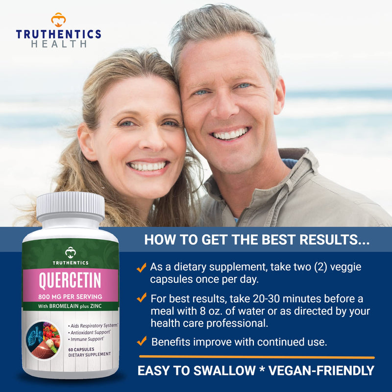 TRUTHENTICS Quercetin with Bromelain and Zinc 1050mg, Vegan, 60 Capsules | Premium Zinc Quercetin Supplements, Immune, Respiratory & Seasonal Support, Non-GMO, Gluten Free, Third Party Tested