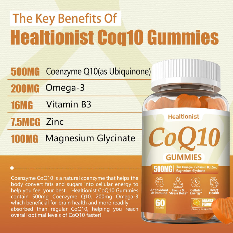 2 Pack 500MG Coq10 Gummies - 3X Better Absorption, Plus Omega-3, Magnesium, Vitamin B3 & Zinc - Coenzyme Q10 Supplements for Heart Health, Cellular Energy & Antioxidant, Vegan, 120 Counts 60 Count (Pack of 2)