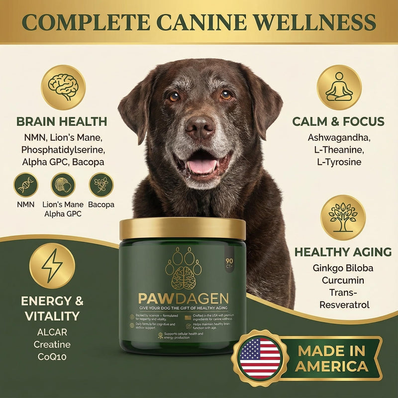 Dog Longevity Supplement - NMN, Lions Mane, Curcumin, CoQ10 All Breeds & Ages + Senior Dog Vitamins - 14 Ingredients - Cellular Vitality, Brain Health - Made in USA - 1-3 Months Supply
