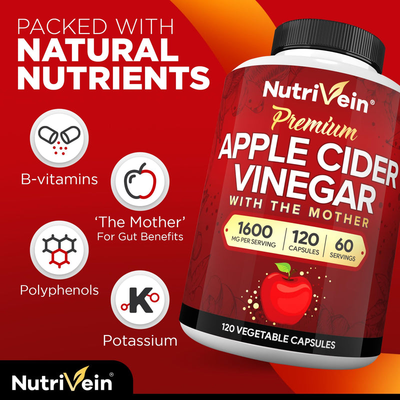 Nutrivein Premium Apple Cider Vinegar Supplements - 1600 mg - 120 Caps 120 Count (Pack of 1)