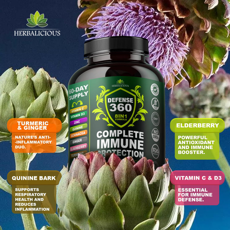 Defence360 Immune Support 8-in-1 Supplement with Vitamin C, D3, Zinc, Elderberry, Echinacea, Turmeric, Ginger & Quinine, Immune Protection, Energy and Vigor, Brain Boost, Stress Relief (120 Capsules)