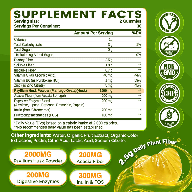 Psyllium Husk Gummies for Adults, 2000mg Psyllium Husk Fiber Supplements | With Acacia Fiber, Inulin & FOS, Digestive Enzymes for Gut Health & Regularity, Vegan, Sugar Free, Pineapple, 60 60 Count (Pack of 1)
