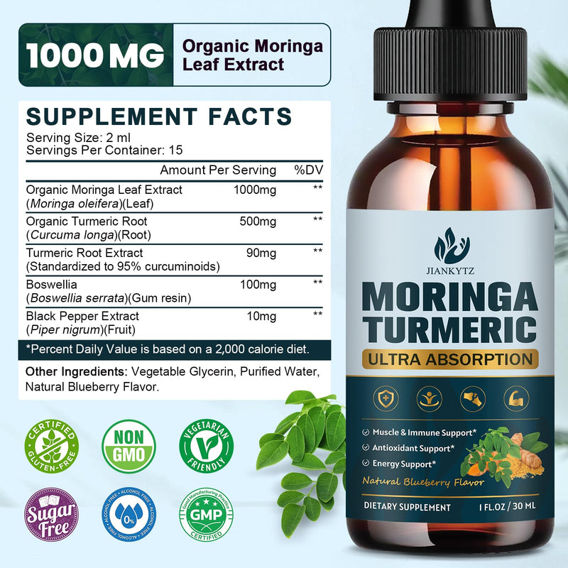 (4 Pack) Organic Moringa Leaf Extract Liquid Drops for Women and Men - Energy, Antioxidant, Skin, Immune Support, Pure Moringa Leaf Extract with Turmeric, Boswellia, Vegan, Sugar-Free, 1 Fl Oz 1 Fl Oz (Pack of 4)