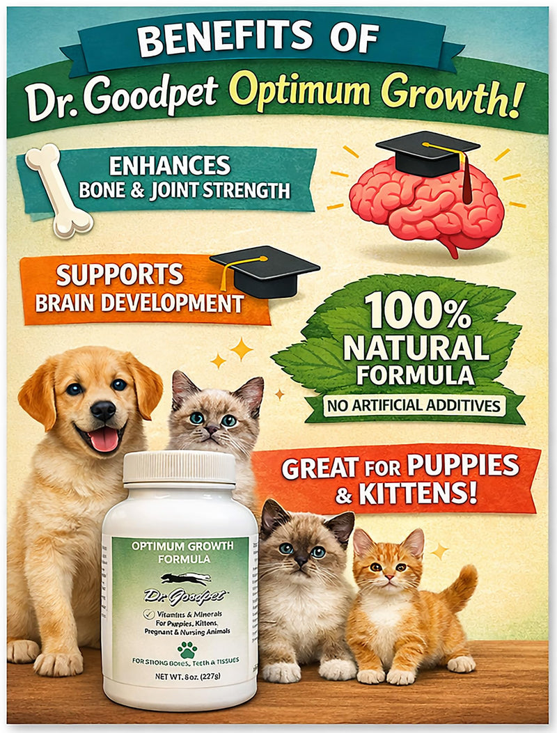 Dr. Goodpet Optimum Growth Formula – All-Natural Puppy & Kitten Vitamin & Mineral Supplement Powder for Healthy Growth, Strong Bones & Immune Support, Goat’s Milk Whey, Trace Minerals