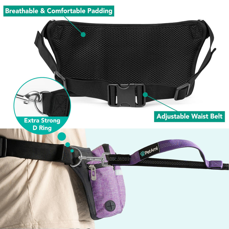 PetAmi Premium Hands Free Dog Leash for 2 Dogs, Adjustable Waist Belt Leash for Dog Walking, Fanny Pack Accessories Bag Dual Bungee Leash for Running, Hiking, Jogging, Biking, Purple 2 Leashes