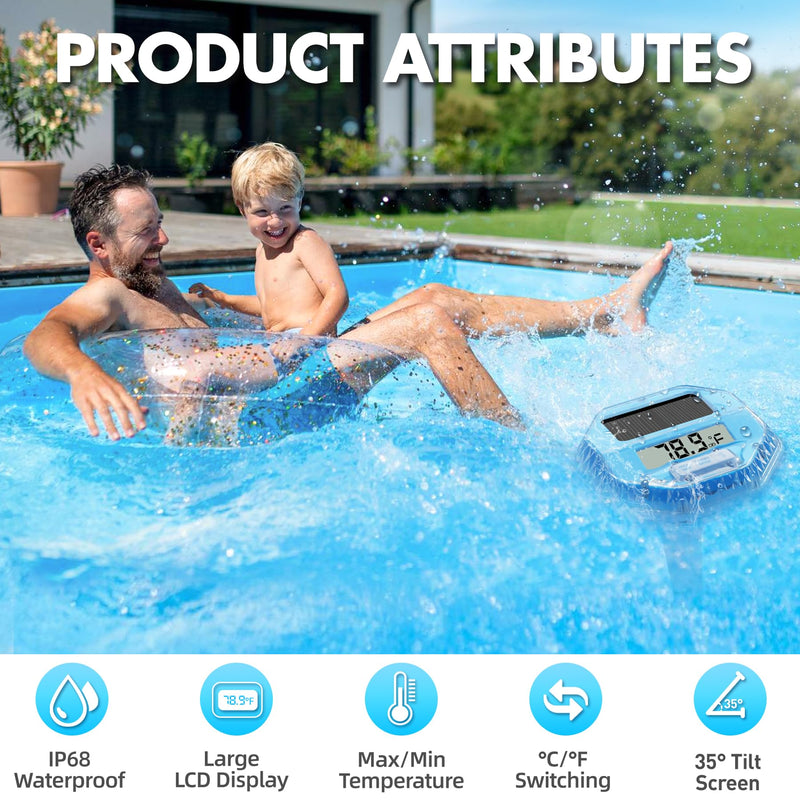 Pircaath 2025 Upgrade Digital Pool Thermometer Floating Easy Read, Solar Pool Thermometer with Dynamic Light Show, Large LCD Screen & IP68 Waterproof Pools Water Temperature Thermometers for Hot Tub
