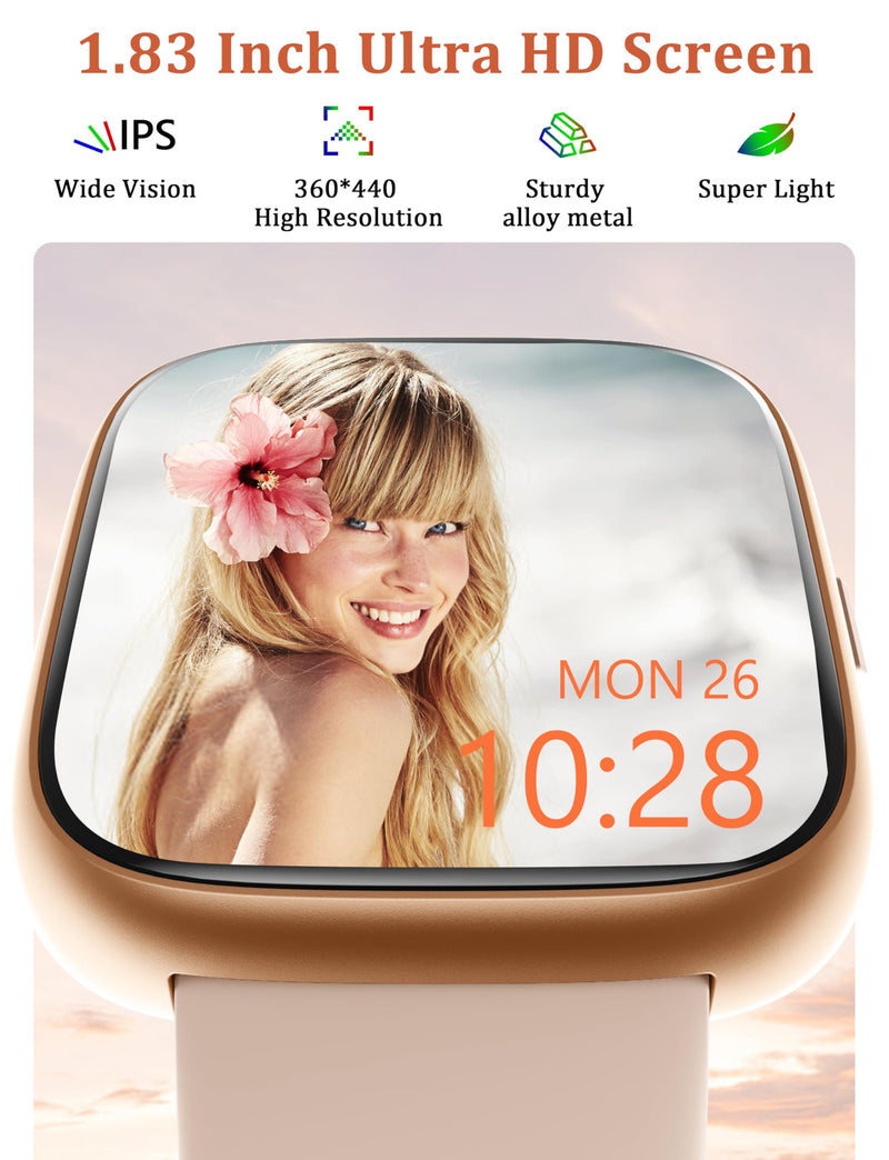 LODIMEKE Smart Watch, Alexa Built-in, Answer/Make Calls 44mm Smartwatch Women Men, 1.83" Sports Watch IP68 Waterproof, Heart Rate SpO2 Sleep Stress Monitor, Step Counter Watch for Android & iOS Phone Pinkish Beige - BeesActive Australia