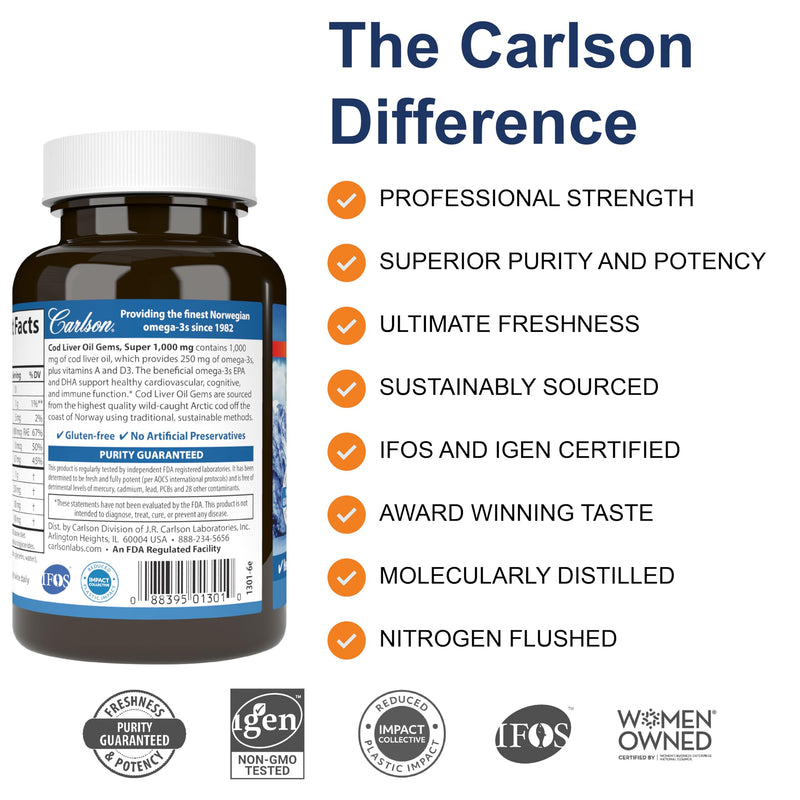 Carlson Cod Liver Oil Gems, Super 1000 mg, 250 mg Omega-3s, 100 Softgels | 400 IU (10 mcg) Vitamin D3; Wild Caught Norwegian Arctic Cod Liver Oil; Nordic Fish Oil Capsules 100 Count (Pack of 1)