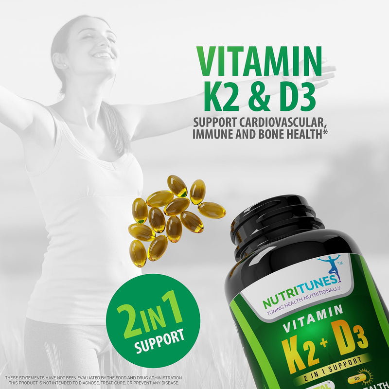 Vitamin K2 + D3 (120 Softgels) - Vitamin D3 K2 Supplement - Supports Cardiovascular & Bone Health - Non-GMO - Allergen-Free - 120 Softgels - BeesActive Australia