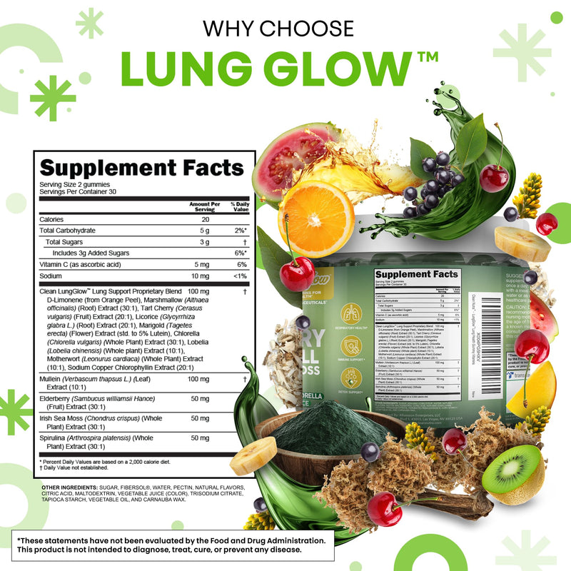 Clean Nutra Mullein Gummies for Lung Health Support with Elderberry Chlorophyll Spirulina Tart Cherry Sea Moss Vitamin C Lutein Marshmallow Root Licorice Root Superfood Greens Mucus Relief 60 Gummies