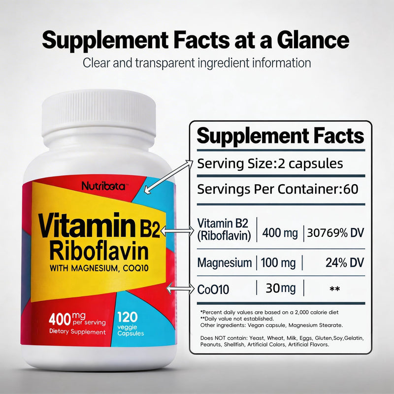 Vitamin B2 Riboflavin 400mg with Magnesium & CoQ10, High Potency Vitamin B2 Supplement for Energy Metabolism & Daily Wellness, 120 Veggie Capsules, 60 Day Supply