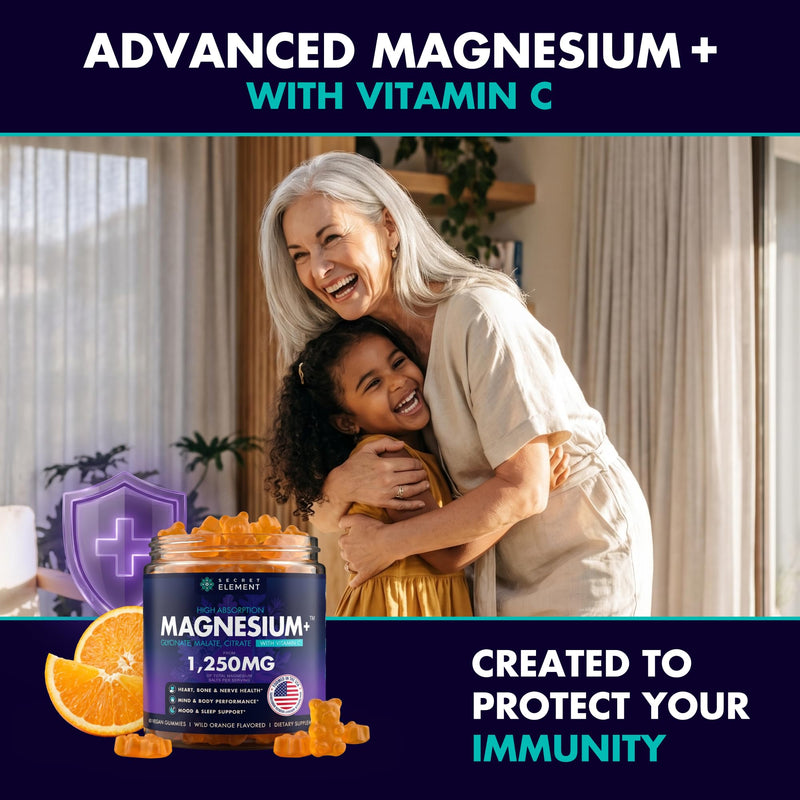 Secret Element Magnesium Glycinate 1250MG Gummies, High Absorption Magnesium Glycinate, Citrate & Malate, with Vitamin C, Sugar-Free, Vegan, Chews for Men & Women, 60 Gummies, Wild Orange Flavor 60 Count (Pack of 1)