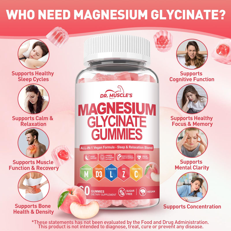 Magnesium Glycinate Gummies - Magnesium Gummies Complex for Kids & Adults | 421mg Magnesium - L-Threonate, Vitamin D3, Zinc, CoQ10, L-Theanine, Sugar-Free, Relaxation & Sleep Support, 60 Peach Gummies