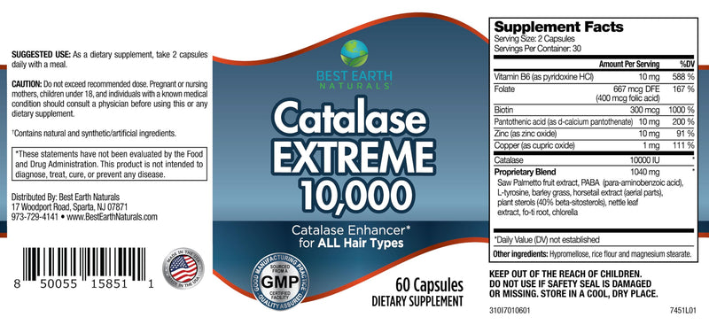 Best Earth Naturals Catalase Extreme Supplement 10,000 with Saw Palmetto, Biotin, Fo-Ti, PABA - Hair Supplements for Strong Hair - 180 Capsules - Pack of 3 (90-Day Supply)
