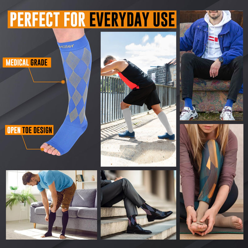 Doc Miller Open Toe Compression Socks for Men & Women, 20-30 mmHg Knee High Support, Toeless Design for Daily Leg Comfort, Breathable Nylon Spandex, 1 Pair X-Large Yellow Blue - BeesActive Australia