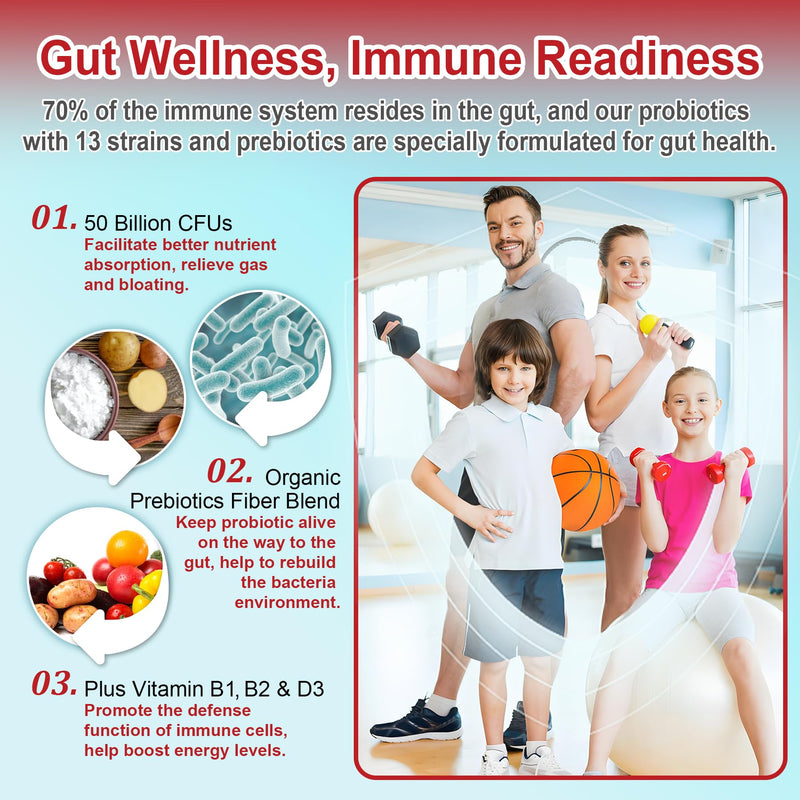 NEVISS Prebiotic Gummies for Adults & Kids 4+, Chewable Probiotic 120Cts | 50 Billion CFUs w/Fiber, Vitamin B1 B2 D3 & Zinc, for Digestive & Gut Health, Boost Microflora Diversity, Sugar Free,Vegan 60 Count (Pack of 2)