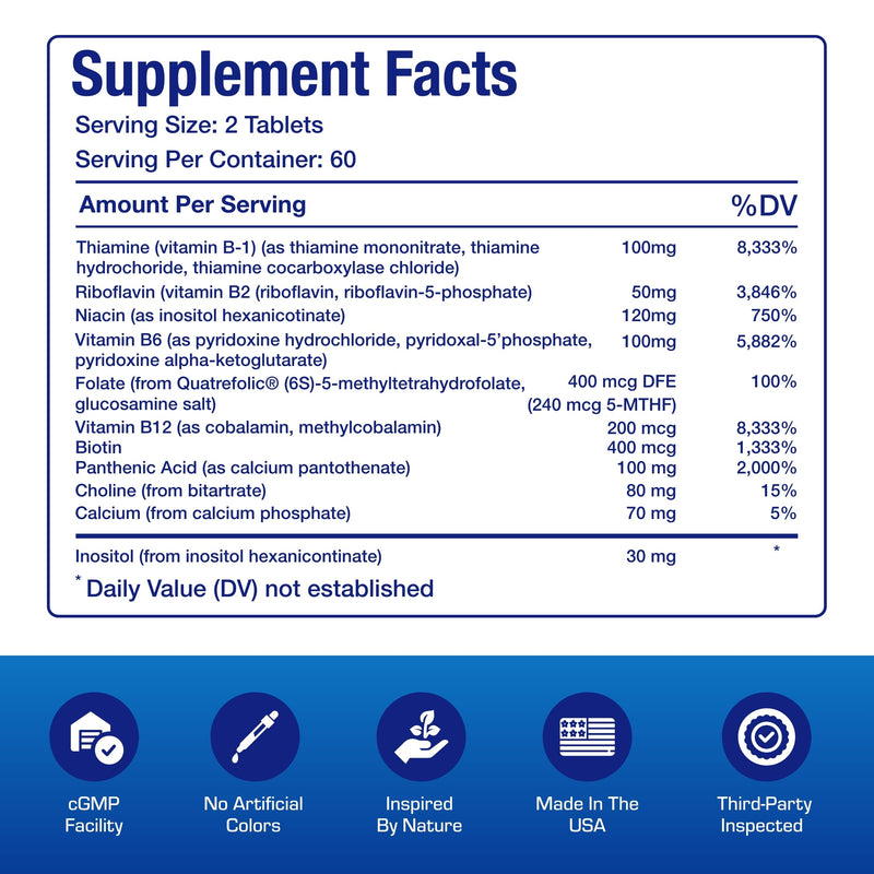 Super B Complex Methylated & Time Released - Bio Active B Complex Vitamin Supplement with Choline Inositol & 8 B Vitamins for Nervous System and Energy Metabolism Support - 2 Month Supply