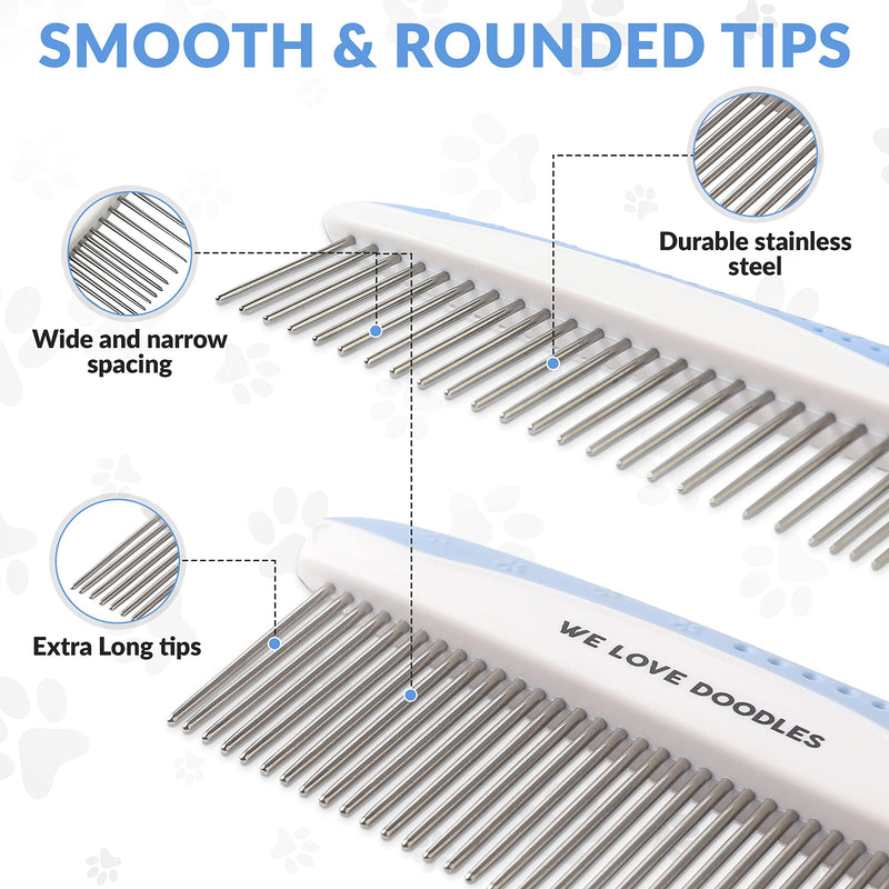 Metal Dog Grooming Comb | Removes Tangles & Matts | Dematting Pet Combs | Detangler For Matted Hair | Best Comb For Poodles, Goldendoodles, Doodles & Long Haired Dogs (2 PACK) [We Love Doodles] Large & Small - BeesActive Australia