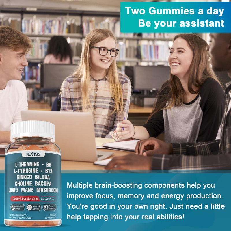 Sugar Free L-Tyrosine Gummies 300mg L-Theanine 200mg Vitamin B6 100mg & B12 500mcg, Brain Health Herbs 300mg w/Ginkgo Biloba, Rhodiola Rosea, Lion's Mane Mushroom for Sustained Focus & Energy, 1Pack 60 Count (Pack of 1)